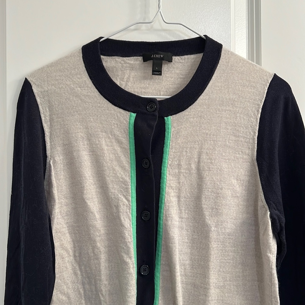 J. Crew Cream with Navy & Green Trim Wool Blend Cardigan L